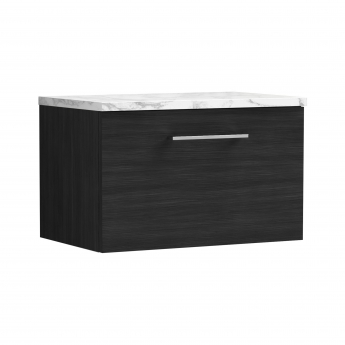 Nuie Arno Wall Hung 1-Drawer Vanity Unit with Carrera Marble Worktop 600mm Wide - Charcoal Black Woodgrain | Product Image