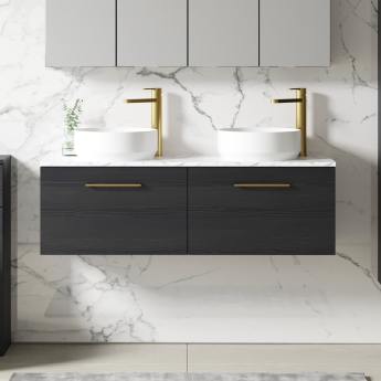Nuie Arno Wall Hung 2-Drawer Vanity Unit with Carrera Marble Worktop 1200mm Wide - Charcoal Black Woodgrain | Product Image