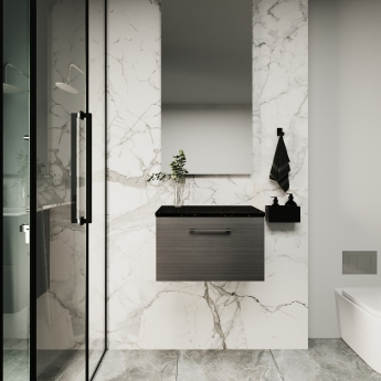 Nuie Arno Wall Hung 1-Drawer Vanity Unit with Sparkling Black Worktop 600mm Wide - Black Woodgrain