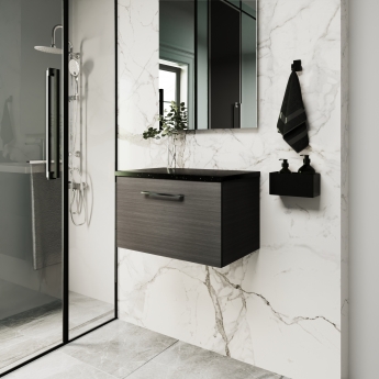 Nuie Arno Wall Hung 1-Drawer Vanity Unit with Sparkling Black Worktop 600mm Wide - Black Woodgrain