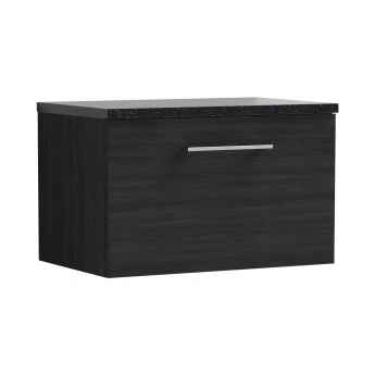 Nuie Arno Wall Hung 1-Drawer Vanity Unit with Sparkling Black Worktop 600mm Wide - Black Woodgrain