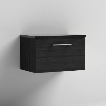 Nuie Arno Wall Hung 1-Drawer Vanity Unit with Sparkling Black Worktop 600mm Wide - Black Woodgrain