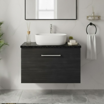 Nuie Arno Wall Hung 1-Drawer Vanity Unit with Sparkling Black Worktop 600mm Wide - Black Woodgrain