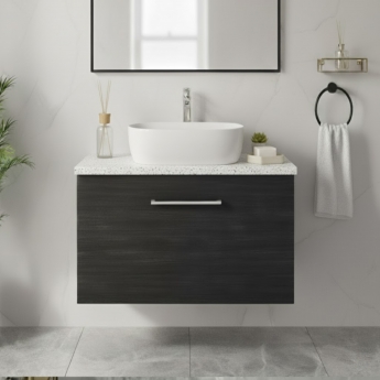Nuie Arno Wall Hung 1-Drawer Vanity Unit with Sparkling White Worktop 600mm Wide - Black Woodgrain