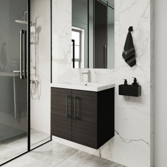 Nuie Arno Wall Hung 2-Door Vanity Unit with Basin-3 600mm Wide - Black Woodgrain
