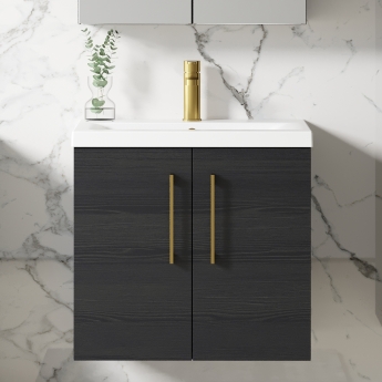 Nuie Arno Wall Hung 2-Door Vanity Unit with Basin-1 600mm Wide - Black Woodgrain