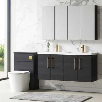Nuie Arno Wall Hung 4-Door Vanity Unit with Double Polymarble Basin 1200mm Wide - Black Woodgrain