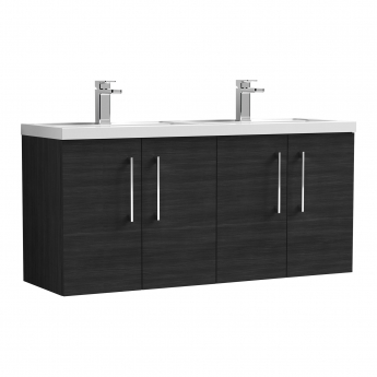 Nuie Arno Wall Hung 4-Door Vanity Unit with Double Ceramic Basin 1200mm Wide - Charcoal Black Woodgrain