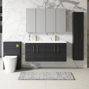 Nuie Arno Wall Hung 4-Door Vanity Unit with Double Ceramic Basin 1200mm Wide - Charcoal Black Woodgrain