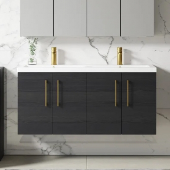 Nuie Arno Wall Hung 4-Door Vanity Unit with Double Ceramic Basin 1200mm Wide - Charcoal Black Woodgrain