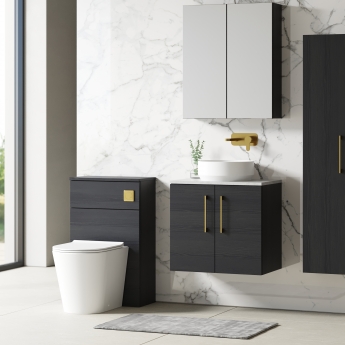 Nuie Arno Wall Hung 2-Door Vanity Unit with Bellato Grey Worktop 600mm Wide - Black Woodgrain