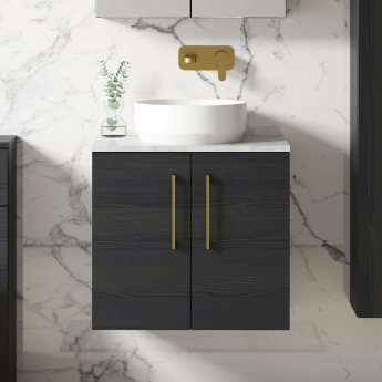 Nuie Arno Wall Hung 2-Door Vanity Unit with Bellato Grey Worktop 600mm Wide - Black Woodgrain