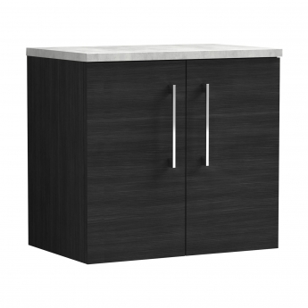 Nuie Arno Wall Hung 2-Door Vanity Unit with Bellato Grey Worktop 600mm Wide - Black Woodgrain