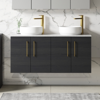 Nuie Arno Wall Hung 4-Door Vanity Unit with Bellato Grey Worktop 1200mm Wide - Charcoal Black Woodgrain | Product Image
