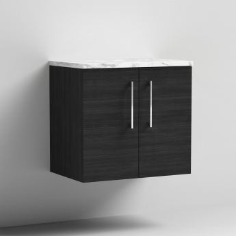 Nuie Arno Wall Hung 2-Door Vanity Unit with Carrera Marble Worktop 600mm Wide - Charcoal Black Woodgrain | Product Image