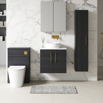Nuie Arno Wall Hung 2-Door Vanity Unit with Carrera Marble Worktop 600mm Wide - Charcoal Black Woodgrain | Product Image