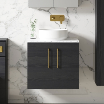 Nuie Arno Wall Hung 2-Door Vanity Unit with Carrera Marble Worktop 600mm Wide - Charcoal Black Woodgrain | Product Image