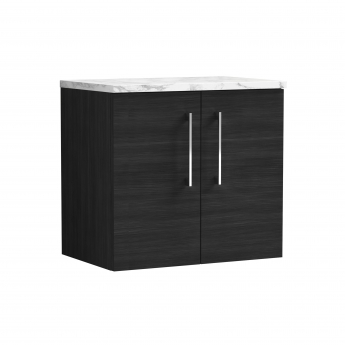 Nuie Arno Wall Hung 2-Door Vanity Unit with Carrera Marble Worktop 600mm Wide - Charcoal Black Woodgrain | Product Image