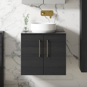 Nuie Arno Wall Hung 2-Door Vanity Unit with Sparkling Black Worktop 600mm Wide - Black Woodgrain