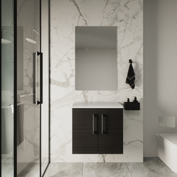 Nuie Arno Wall Hung 2-Door Vanity Unit with Sparkling White Worktop 600mm Wide - Black Woodgrain