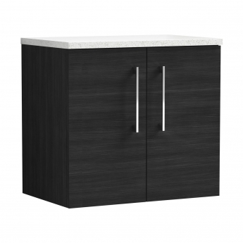 Nuie Arno Wall Hung 2-Door Vanity Unit with Sparkling White Worktop 600mm Wide - Black Woodgrain