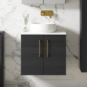 Nuie Arno Wall Hung 2-Door Vanity Unit with Sparkling White Worktop 600mm Wide - Black Woodgrain