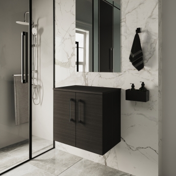 Nuie Arno Wall Hung 2-Door Vanity Unit with Worktop 600mm Wide - Black Woodgrain