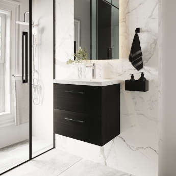 Nuie Arno Wall Hung 2-Drawer Vanity Unit with Basin-1 600mm Wide - Black Woodgrain