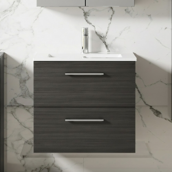 Nuie Arno Wall Hung 2-Drawer Vanity Unit with Basin-2 600mm Wide - Black Woodgrain