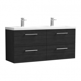 Nuie Arno Wall Hung 4-Drawer Vanity Unit with Double Ceramic Basin 1200mm Wide - Black Woodgrain