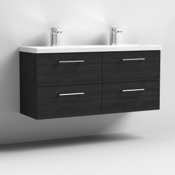Nuie Arno Wall Hung 4-Drawer Vanity Unit with Double Ceramic Basin 1200mm Wide - Black Woodgrain