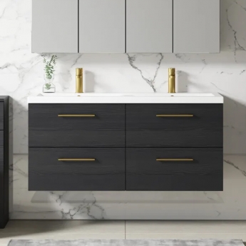 Nuie Arno Wall Hung 4-Drawer Vanity Unit with Double Ceramic Basin 1200mm Wide - Black Woodgrain