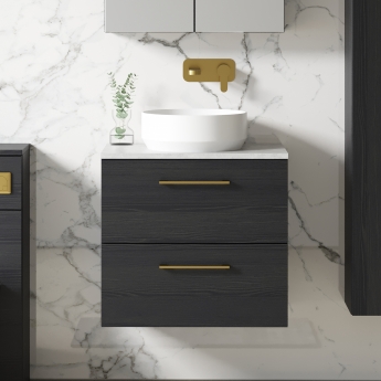 Nuie Arno Wall Hung 2-Drawer Vanity Unit with Bellato Grey Worktop 600mm Wide - Black Woodgrain