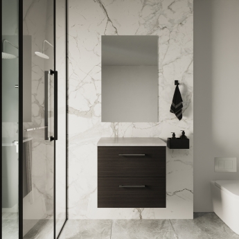 Nuie Arno Wall Hung 2-Drawer Vanity Unit with Bellato Grey Worktop 600mm Wide - Black Woodgrain