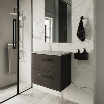 Nuie Arno Wall Hung 2-Drawer Vanity Unit with Bellato Grey Worktop 600mm Wide - Black Woodgrain