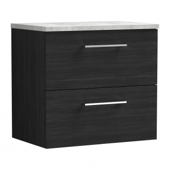 Nuie Arno Wall Hung 2-Drawer Vanity Unit with Bellato Grey Worktop 600mm Wide - Black Woodgrain