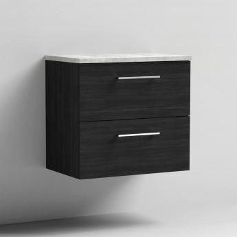 Nuie Arno Wall Hung 2-Drawer Vanity Unit with Bellato Grey Worktop 600mm Wide - Black Woodgrain