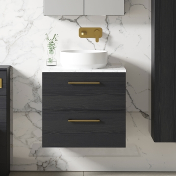 Nuie Arno Wall Hung 2-Drawer Vanity Unit with Carrera Marble Worktop 600mm Wide - Charcoal Black Woodgrain | Product Image