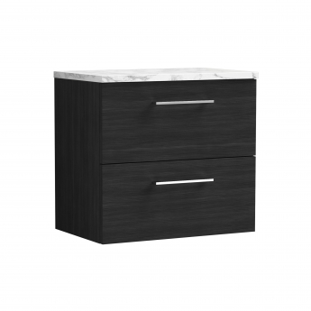 Nuie Arno Wall Hung 2-Drawer Vanity Unit with Carrera Marble Worktop 600mm Wide - Charcoal Black Woodgrain | Product Image