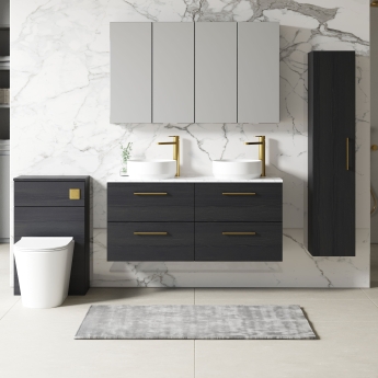 Nuie Arno Wall Hung 4-Drawer Vanity Unit with Carrera Marble Worktop 1200mm Wide - Charcoal Black Woodgrain | Product Image