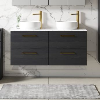 Nuie Arno Wall Hung 4-Drawer Vanity Unit with Carrera Marble Worktop 1200mm Wide - Charcoal Black Woodgrain | Product Image