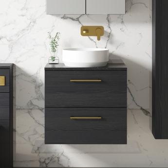 Nuie Arno Wall Hung 2-Drawer Vanity Unit with Sparkling Black Worktop 600mm Wide - Black Woodgrain
