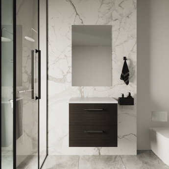 Nuie Arno Wall Hung 2-Drawer Vanity Unit with Sparkling White Worktop 600mm Wide - Black Woodgrain