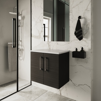 Nuie Arno Wall Hung 2-Drawer Vanity Unit with Sparkling White Worktop 600mm Wide - Black Woodgrain