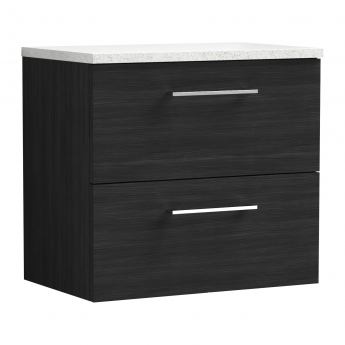 Nuie Arno Wall Hung 2-Drawer Vanity Unit with Sparkling White Worktop 600mm Wide - Black Woodgrain