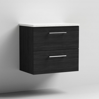 Nuie Arno Wall Hung 2-Drawer Vanity Unit with Sparkling White Worktop 600mm Wide - Black Woodgrain