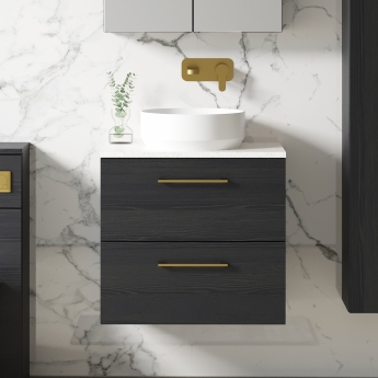 Nuie Arno Wall Hung 2-Drawer Vanity Unit with Sparkling White Worktop 600mm Wide - Black Woodgrain