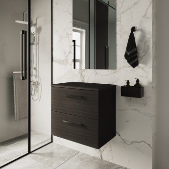 Nuie Arno Wall Hung 2-Drawer Vanity Unit with Worktop 600mm Wide - Black Woodgrain