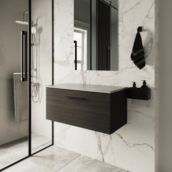 Nuie Arno Wall Hung 1-Drawer Vanity Unit with Bellato Grey Worktop 800mm Wide - Black Woodgrain