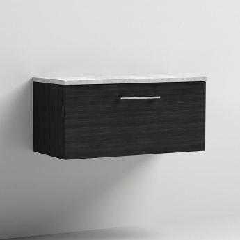 Nuie Arno Wall Hung 1-Drawer Vanity Unit with Bellato Grey Worktop 800mm Wide - Black Woodgrain